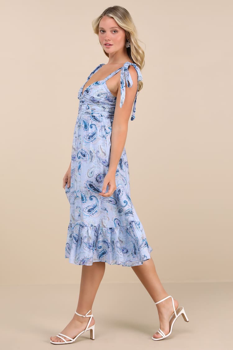 Lush Loveliness Light Blue Paisley Tie-Strap Midi Dress