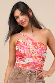 Anahera Pink Floral Mesh Cutout One-Shoulder Bodysuit 1