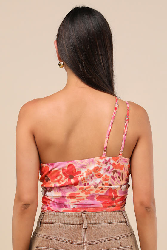 Lulus Anahera Pink Floral Mesh Cutout One-shoulder Bodysuit