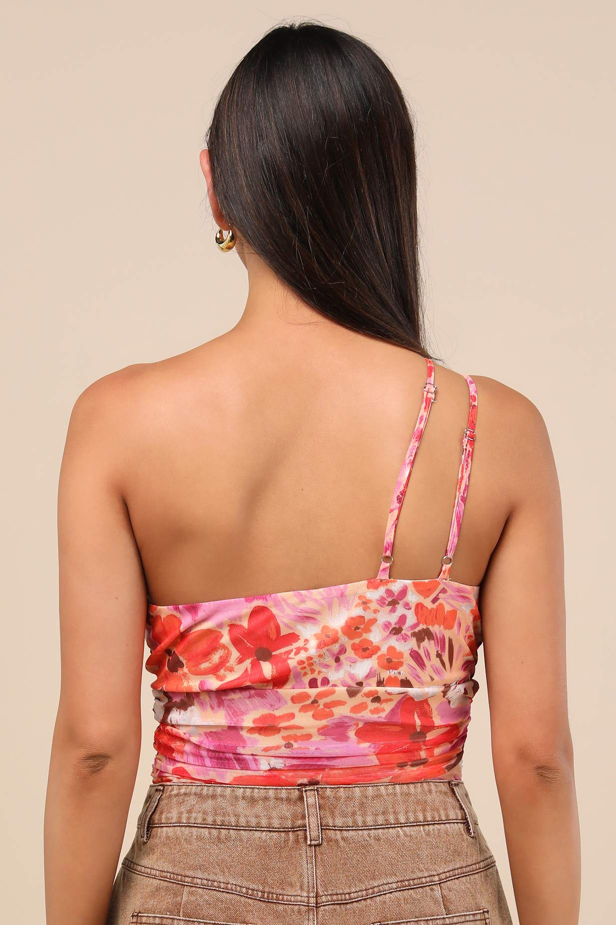 Anahera Pink Floral Mesh Cutout One-Shoulder Bodysuit
