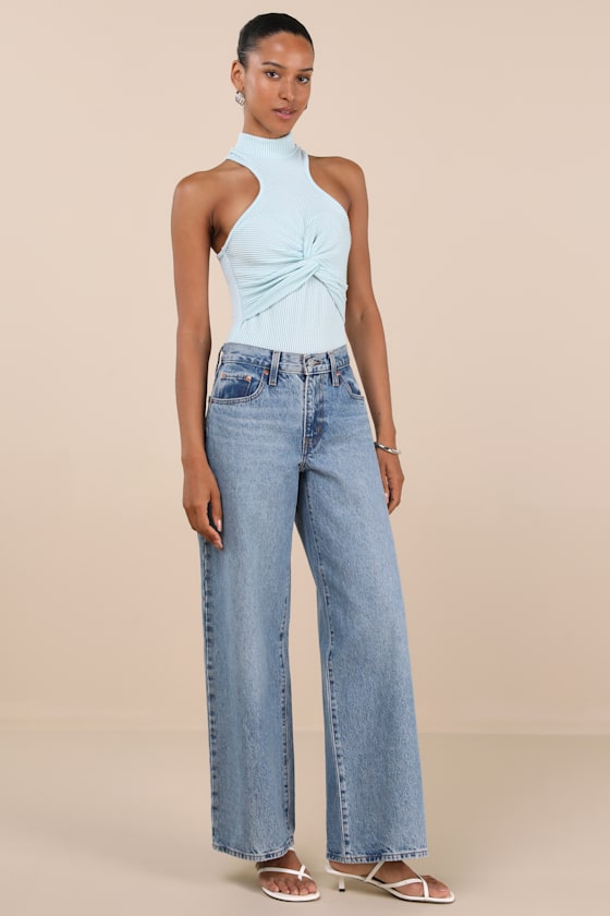 Lulus Vyla Light Blue Textured Ribbed Twist-front Bodysuit