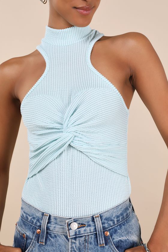 Lulus Vyla Light Blue Textured Ribbed Twist-front Bodysuit