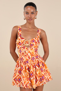 Luniper Orange Multi Boho Print Basque Waist Romper 2