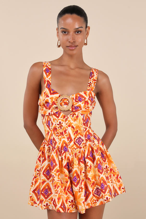 Luniper Orange Multi Boho Print Basque Waist Romper 2