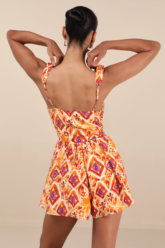 Lulus Luniper Orange Multi Boho Print Basque Waist Romper