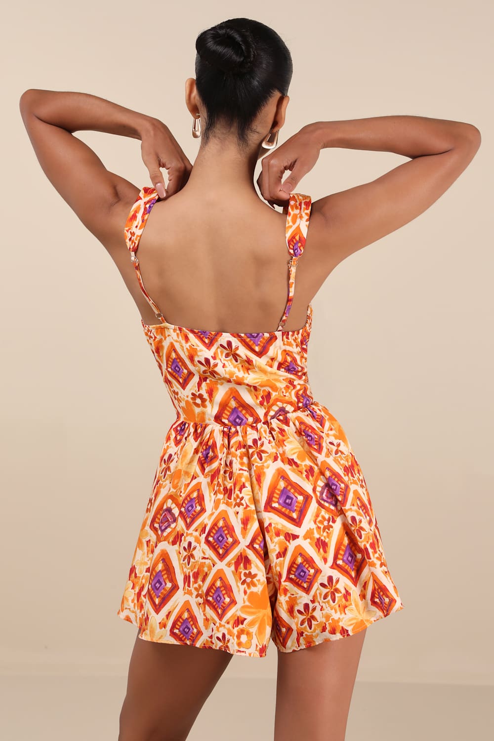Luniper Orange Multi Boho Print Basque Waist Romper