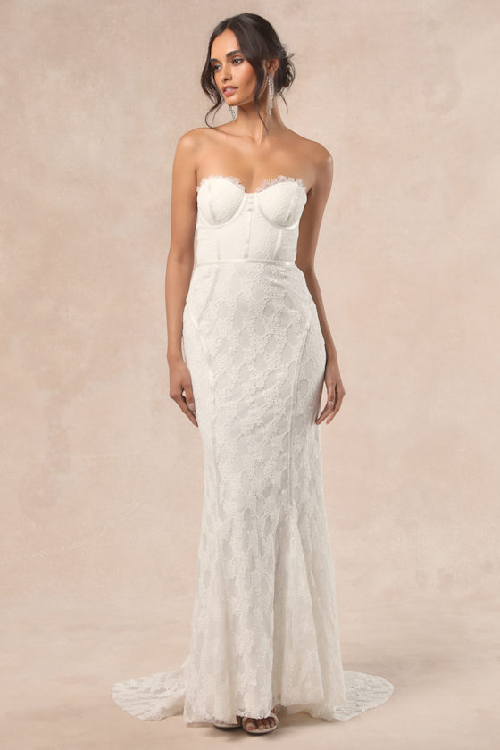 Lulus Imani White Lace Bustier Mermaid Maxi Dress