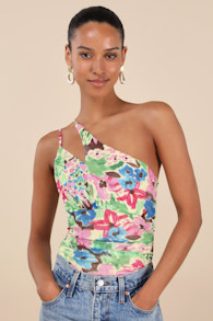 Anahera Green Floral Mesh Cutout One-Shoulder Bodysuit 1