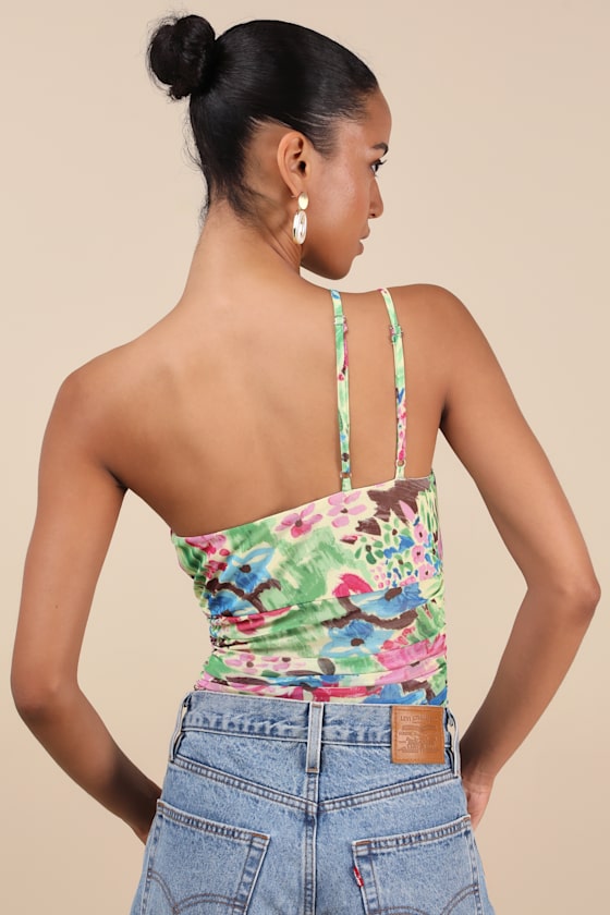 Lulus Anahera Green Floral Mesh Cutout One-shoulder Bodysuit