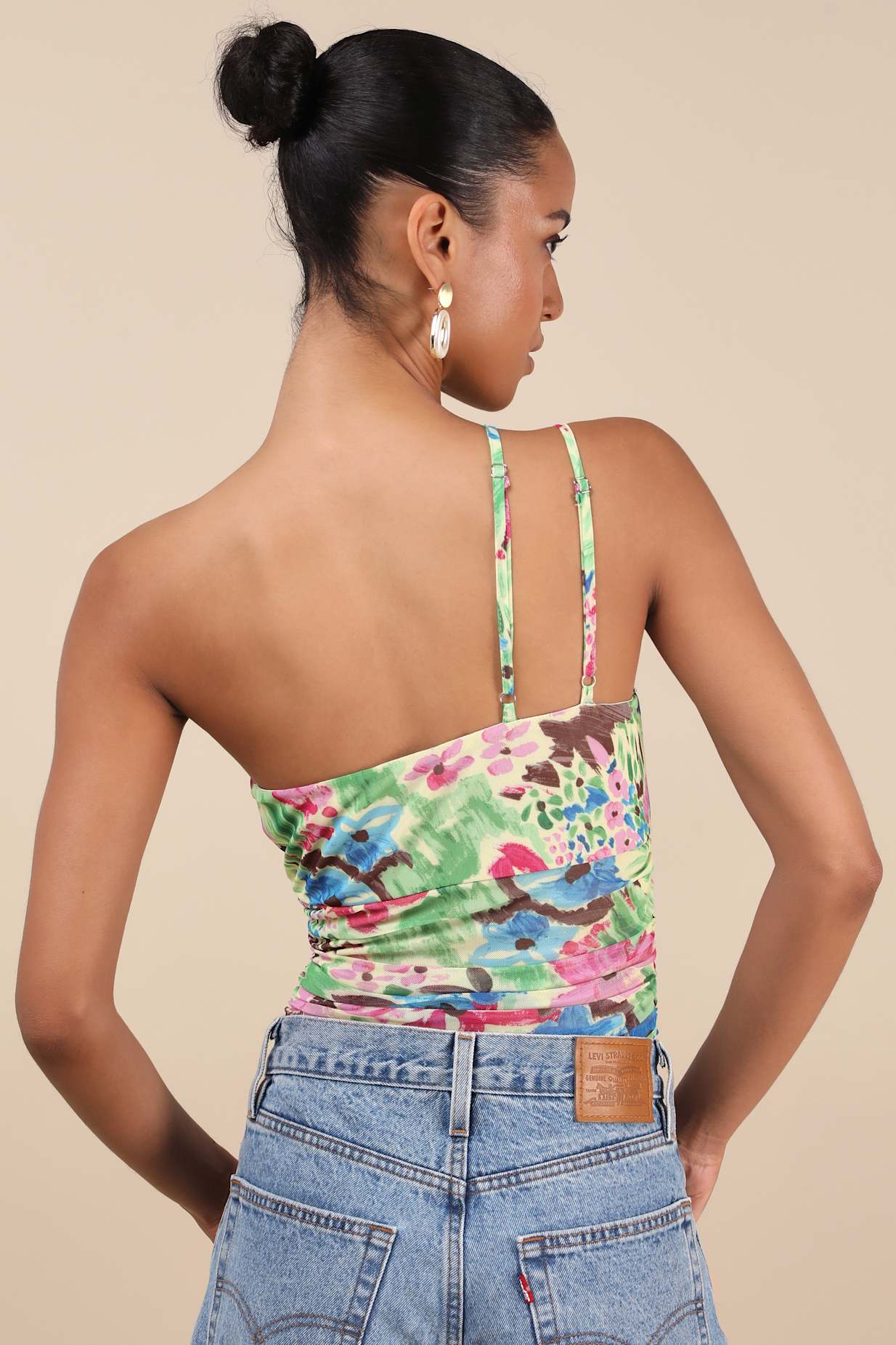 Anahera Green Floral Mesh Cutout One-Shoulder Bodysuit