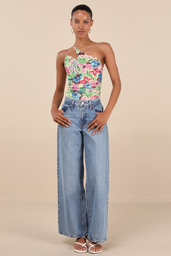 Lulus Anahera Green Floral Mesh Cutout One-shoulder Bodysuit