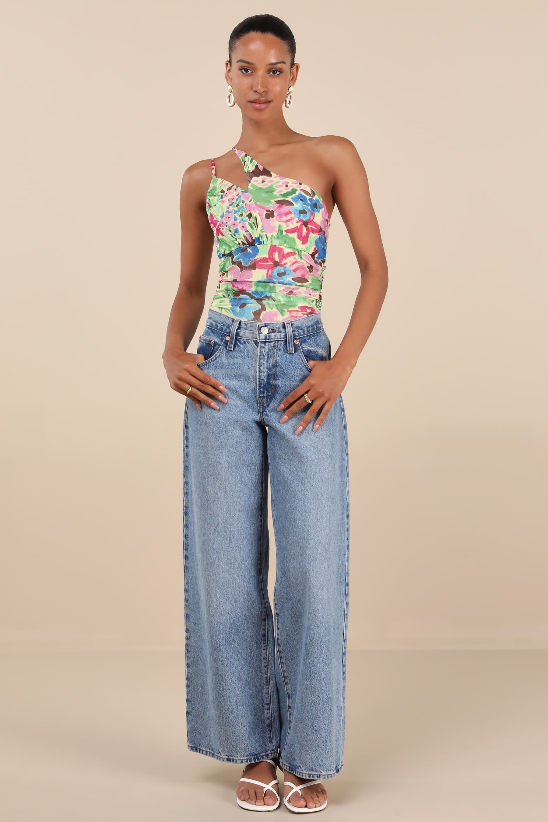 Anahera Green Floral Mesh Cutout One-Shoulder Bodysuit