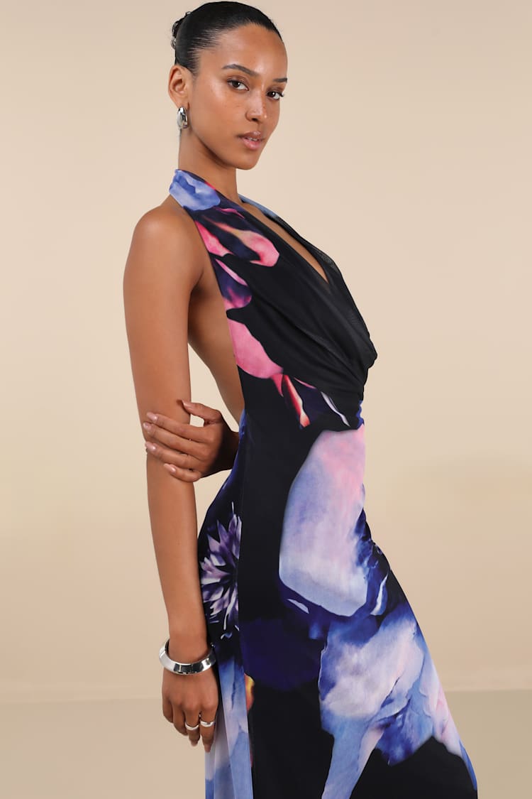 Rania Black Multi Floral Mesh Backless Maxi Dress