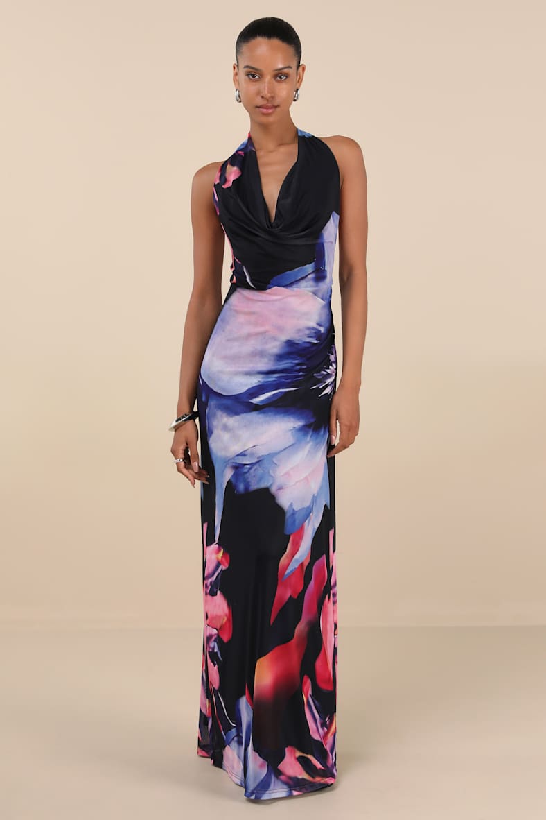 Rania Black Multi Floral Mesh Backless Maxi Dress