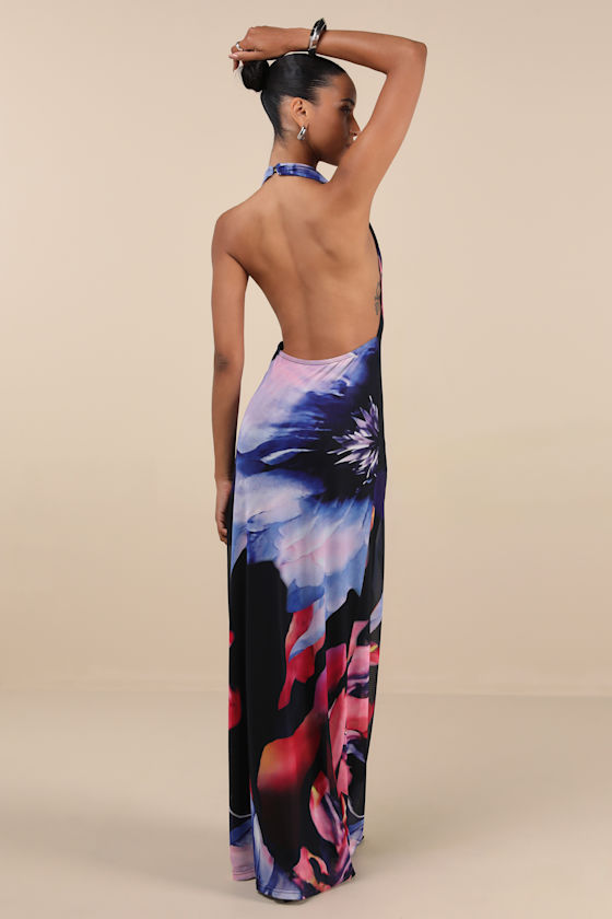 Lulus Rania Black Multi Floral Mesh Backless Maxi Dress