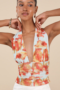 Ayaka Light Blue and Orange Abstract Mesh Halter Top 1