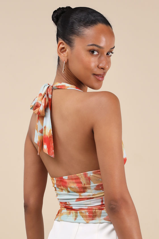 Lulus Ayaka Light Blue And Orange Abstract Mesh Halter Top