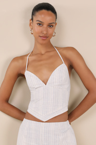 Anahita Cream and Blue Striped Halter Top 1