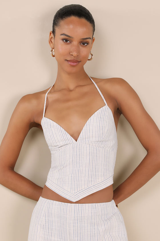 Anahita Cream and Blue Striped Halter Top 1
