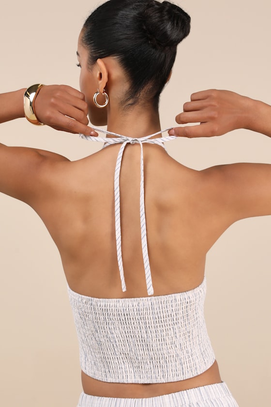 Lulus Anahita Cream And Blue Striped Halter Top