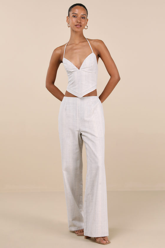 Lulus Anahita Cream And Blue Striped Halter Top