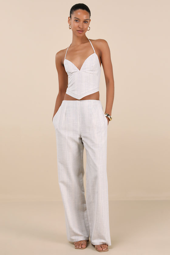 Lulus Anahita Cream And Blue Striped Mid-rise Straight Leg Pants In Animal Print