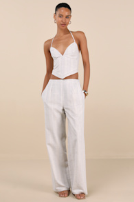 Anahita Cream and Blue Striped Mid-Rise Straight Leg Pants 1