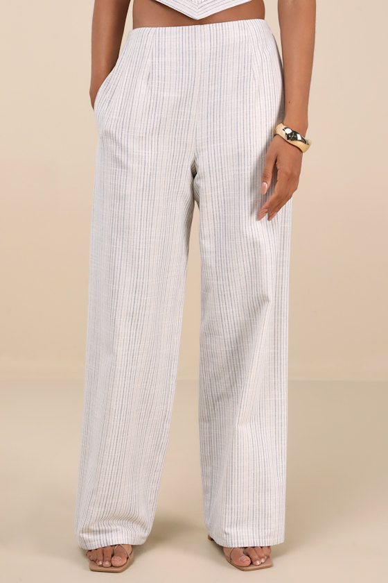 Anahita Cream and Blue Striped Mid-Rise Straight Leg Pants 2