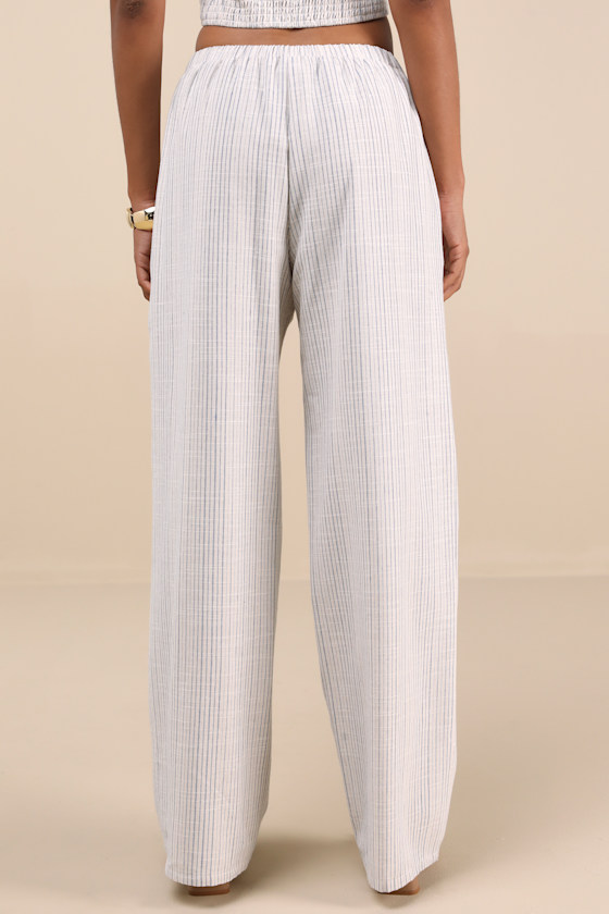 Lulus Anahita Cream And Blue Striped Mid-rise Straight Leg Pants In Animal Print