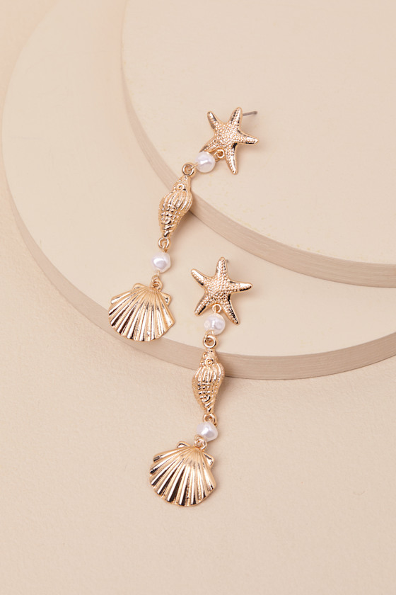 Lulus Gisela Gold Pearl Seashell Drop Earrings