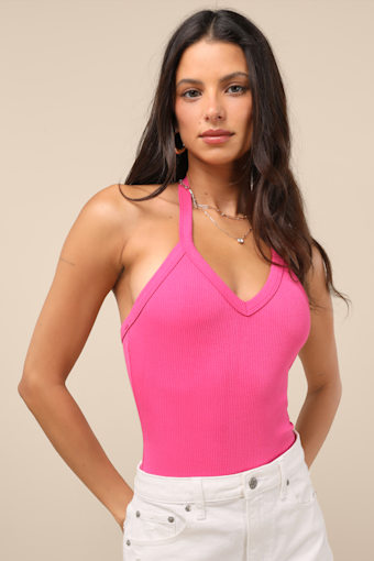 Chic Contentment Fuchsia Ribbed Sleeveless Halter Bodysuit 1