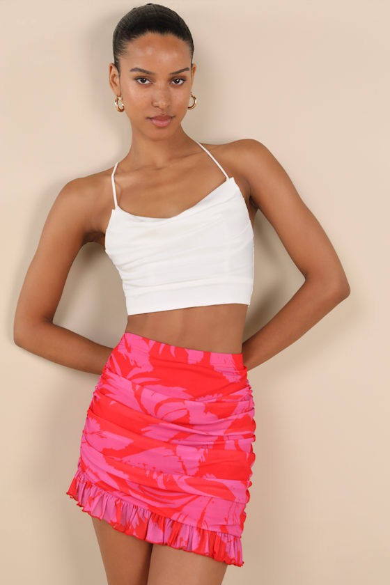 Lulus Mideia Pink Floral Mesh Ruched Ruffled Mini Skirt