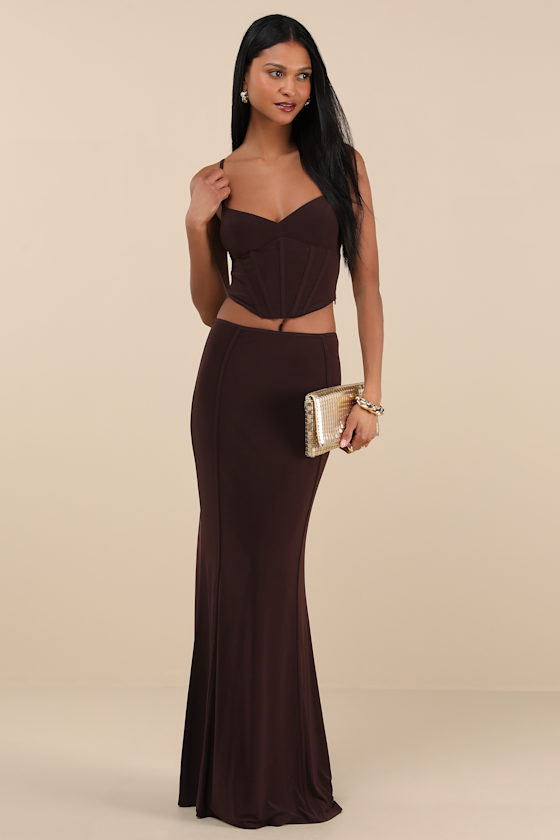 Lulus Skyela Dark Brown Bustier Two-piece Maxi Dress