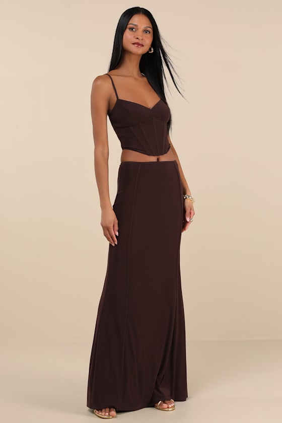 Lulus Skyela Dark Brown Bustier Two-piece Maxi Dress