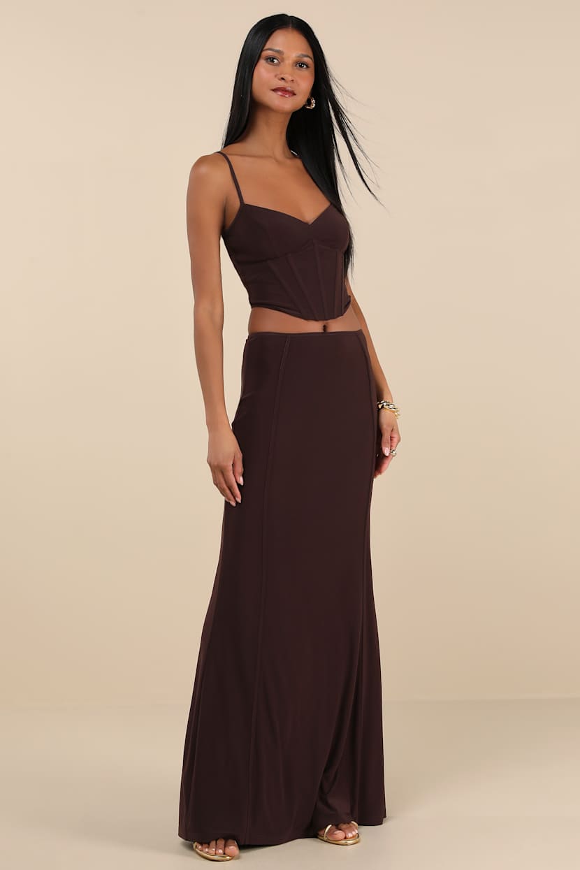 Skyela Dark Brown Bustier Two-Piece Maxi Dress Skyela Dark Brown Bustier Two-Piece Maxi Dress