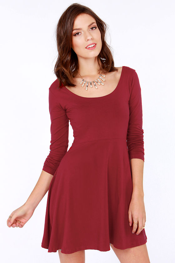 Cute Wine Red Dress - Skater Dress - Long Sleeve Dress - $32.00 - Lulus