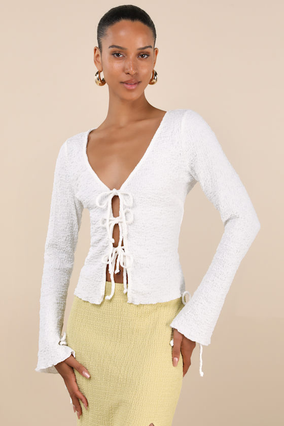 Lulus Calise White Textured Tie-front Long Sleeve Top