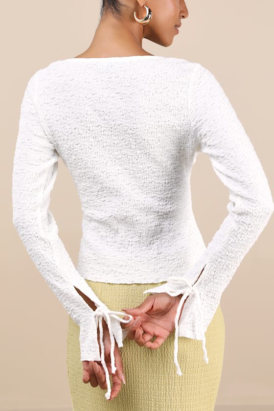 Lulus Calise White Textured Tie-front Long Sleeve Top