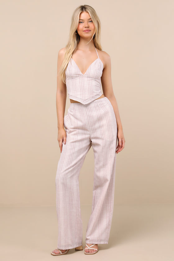 Lulus Anahita Cream And Red Striped Halter Top In Purple