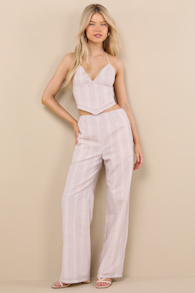 Anahita Cream and Red Striped Mid-Rise Straight Leg Pants 1