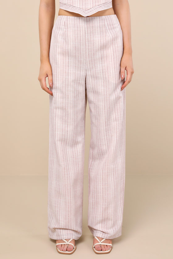Lulus Anahita Cream And Red Striped Mid-rise Straight Leg Pants