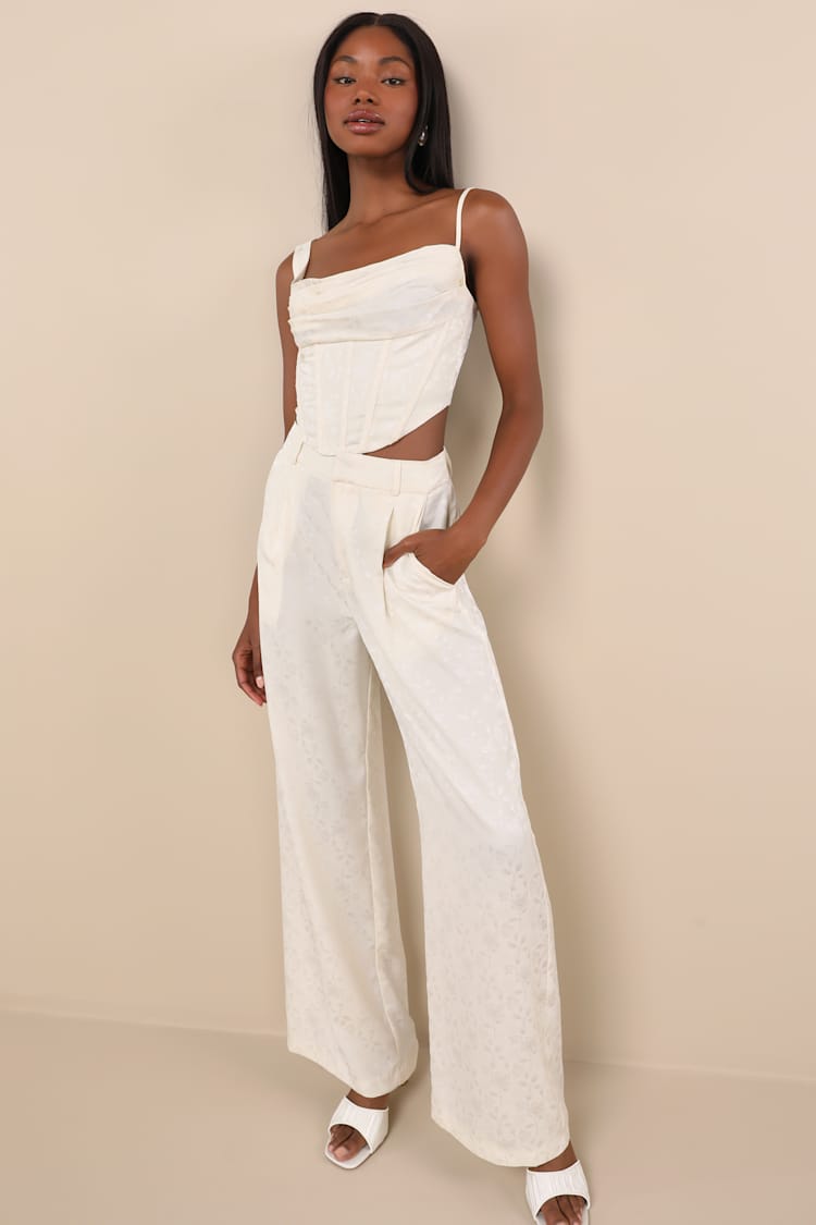 Ivory Floral Pants - Satin Trouser Pants - Satin High-Rise Pants - Lulus