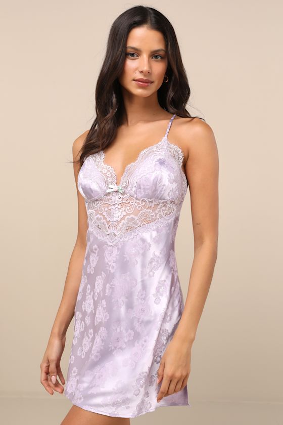 Aliona Lilac Satin Jacquard Lace Lingerie Slip 1