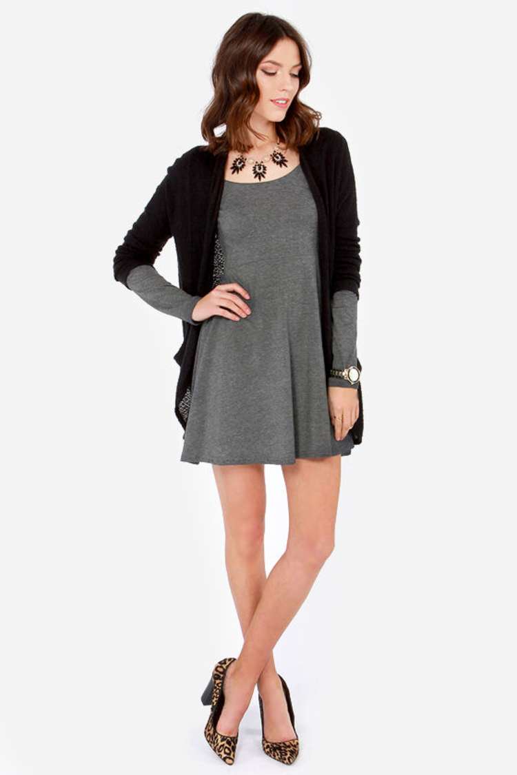 Cute Dark Grey Dress - Skater Dress - Long Sleeve Dress - $32.00 - Lulus
