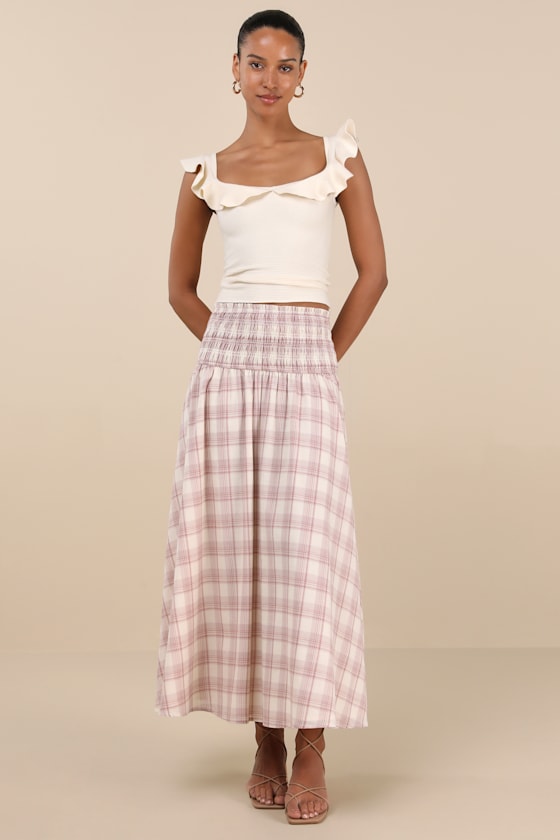 Lulus Mayden Pink And Cream Plaid Smocked Maxi Skirt
