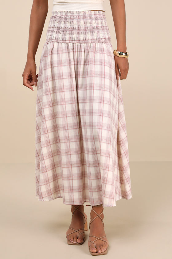 Lulus Mayden Pink And Cream Plaid Smocked Maxi Skirt In Neutral