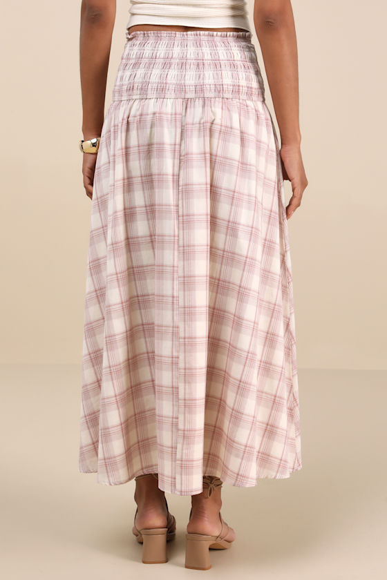 Lulus Mayden Pink And Cream Plaid Smocked Maxi Skirt In Neutral
