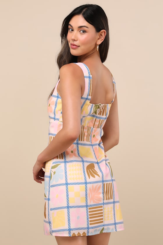 Lulus Cosette Beige Multi Print Sleeveless Mini Dress