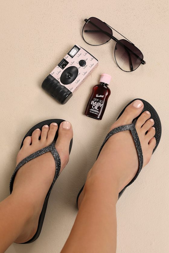 Mesh Chic Glitter Black Platform Fem Flip Flops 1