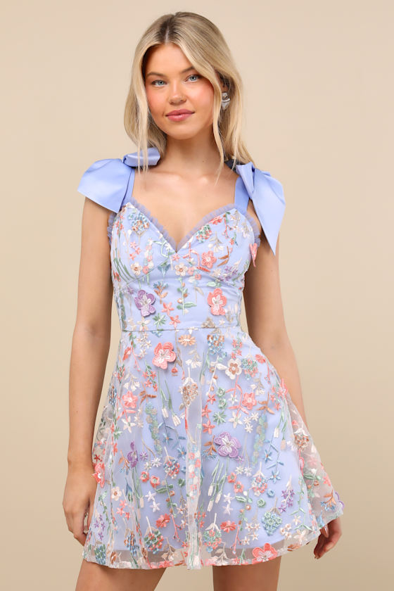 Astara Periwinkle Floral Embroidered Tie-Strap Mini Dress 1